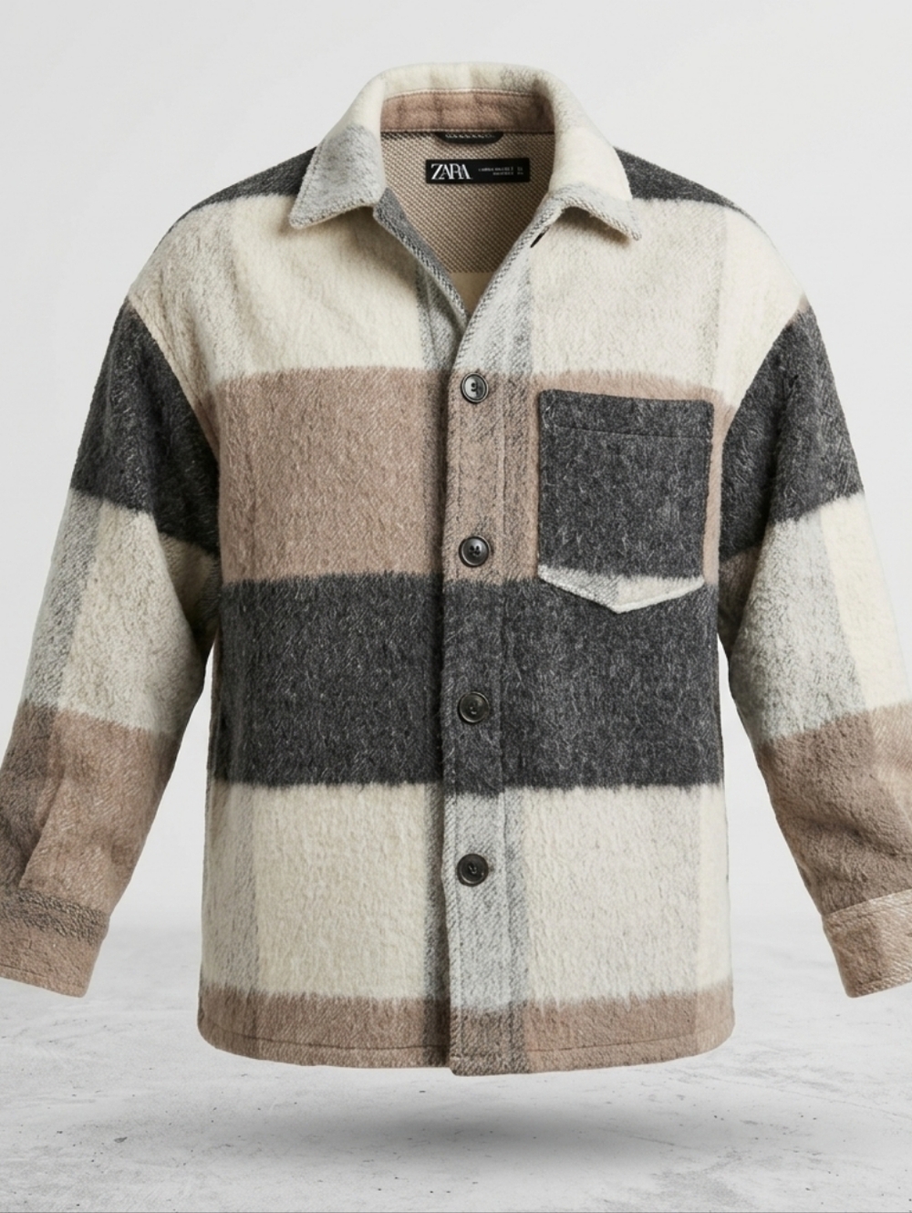 ZARA Tan Grey Oversized Wool Blend Plaid Fringe Casual Comfy Baggy Shacket Sz XS